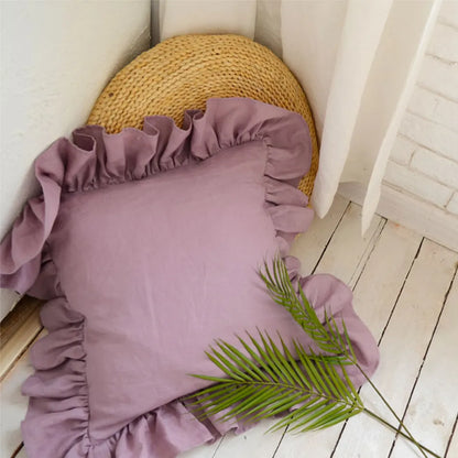 Purple 100% Pure Linen Ruffle Cushion Cover 