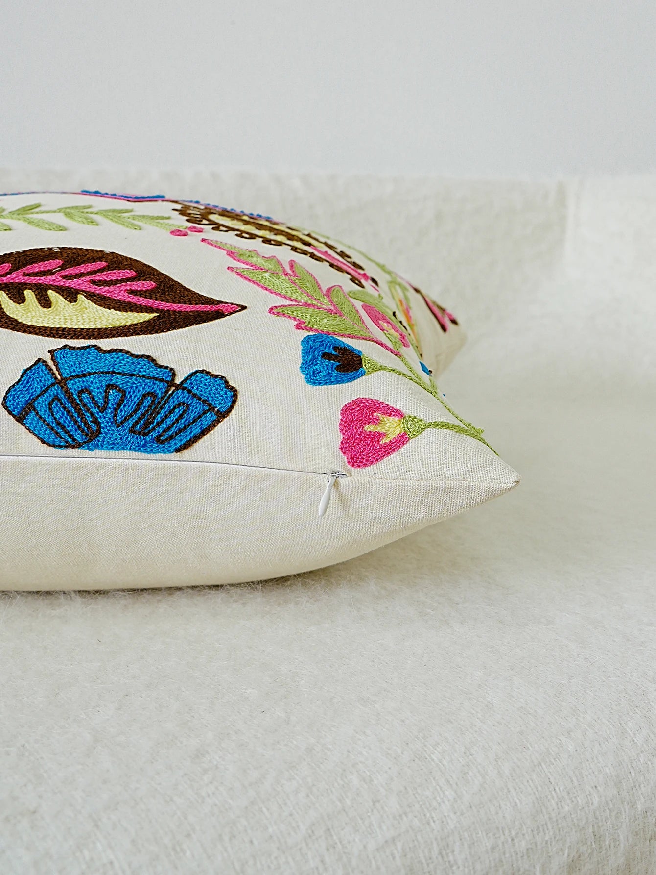 Cream Cushion Cover With Neon Bright Floral Embroidery