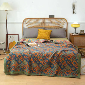 Blue and Orange Kingsize Nordic Ethnic Cotton Floral Bedspreads - 3 Designs & Sizes