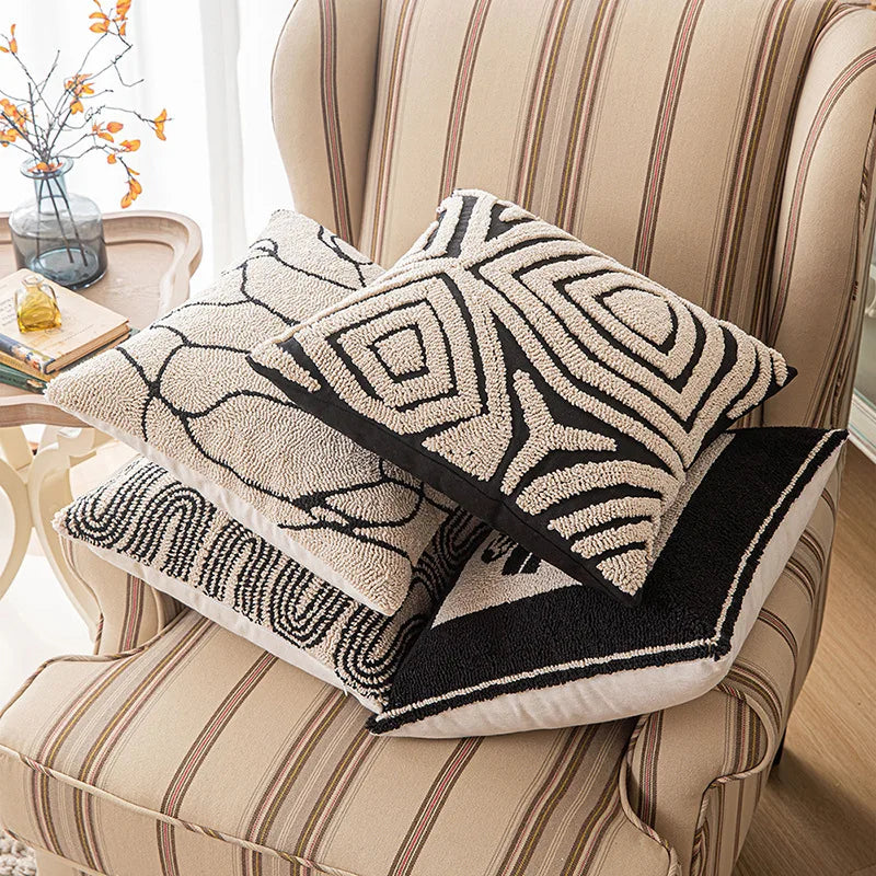 Abstract Art Embroidered Cotton Cushion Covers in Black & Off-White