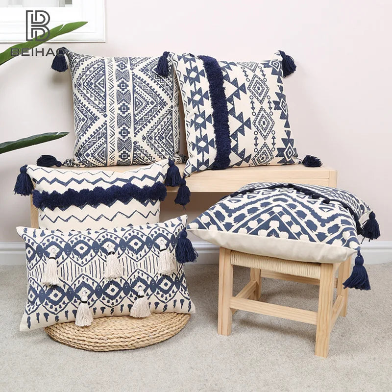 Navy & Cream Ethnic Geometric Print Cushion Covers with Tassles