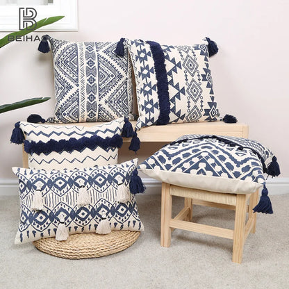 Navy & Cream Ethnic Geometric Print Cushion Covers with Tassles