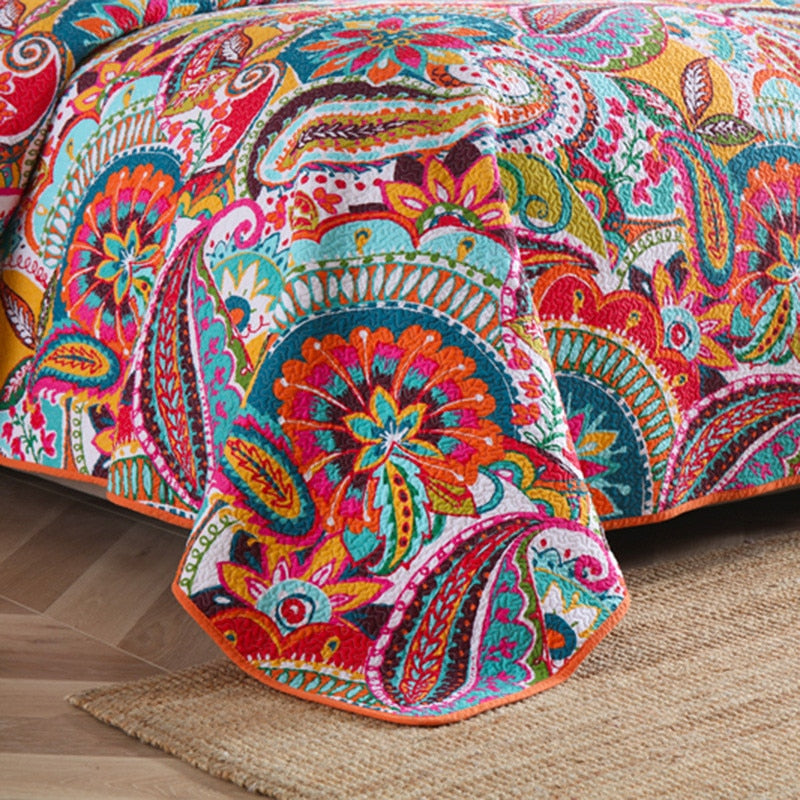 Colourful Quilted Paisley Cotton Bedspread - 3 Piece Set