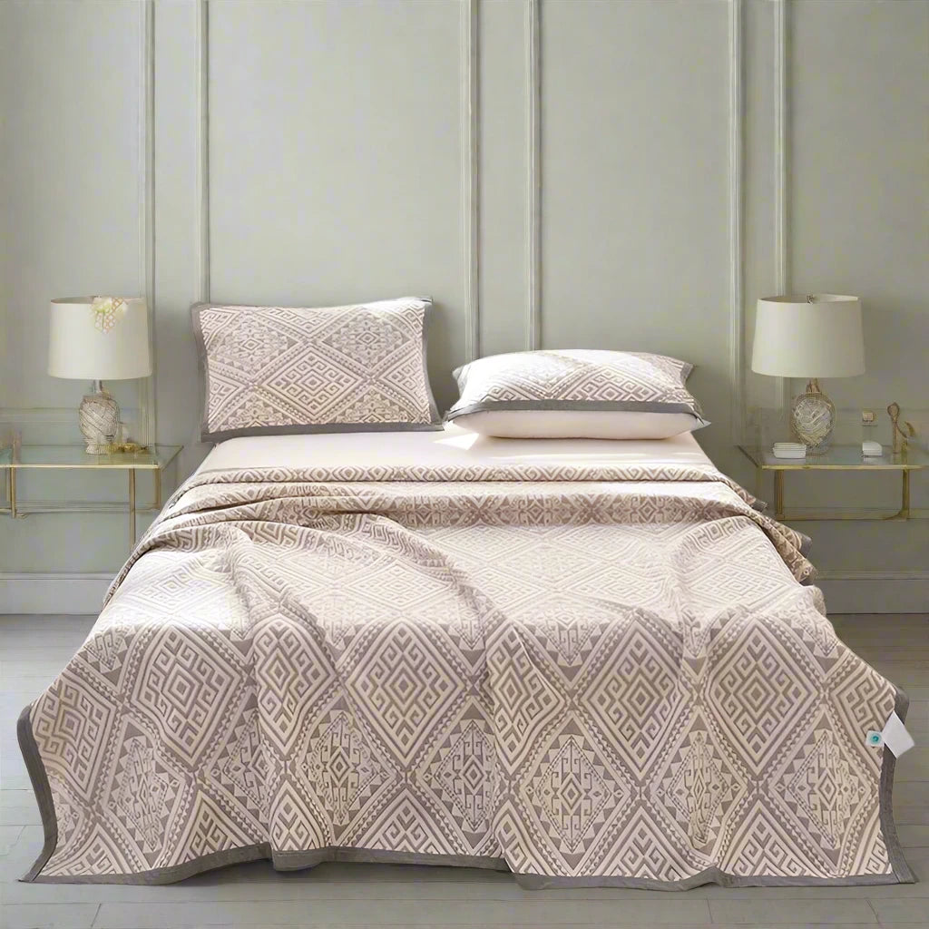 Grey & White Geometric Pattern Cotton Bedspread - Kingsize & Queensize