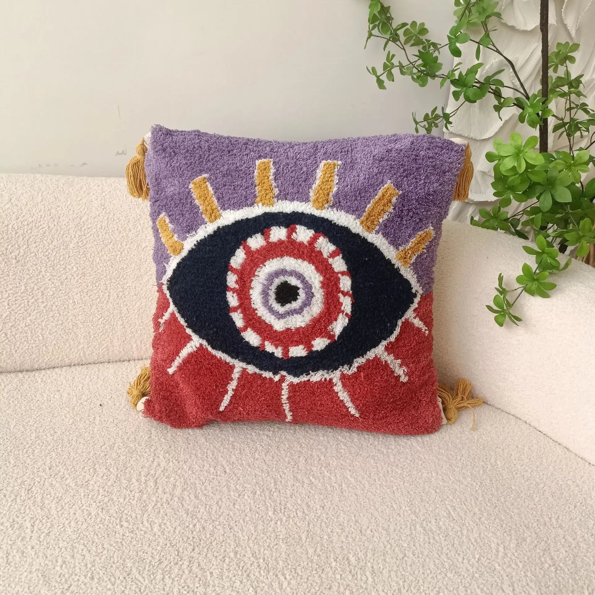 Bright Colour Devil's Eye Tufted Embroidered Cushion Covers With Tassels
