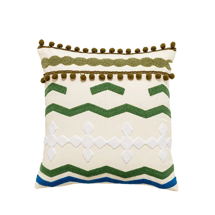 Boho Morroccan Tufted Embroidered Cushion Covers with Pompoms & Tassels
