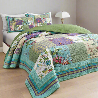 Green Vintage Style Patchwork 100% Cotton 3 Piece Bedspread Set