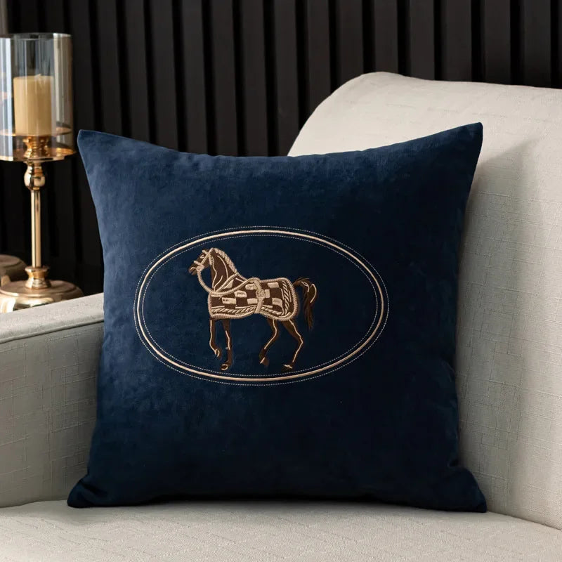 Soft Navy Cushion Covers With Brown Horse Embroidered on the Front 18in x 18in