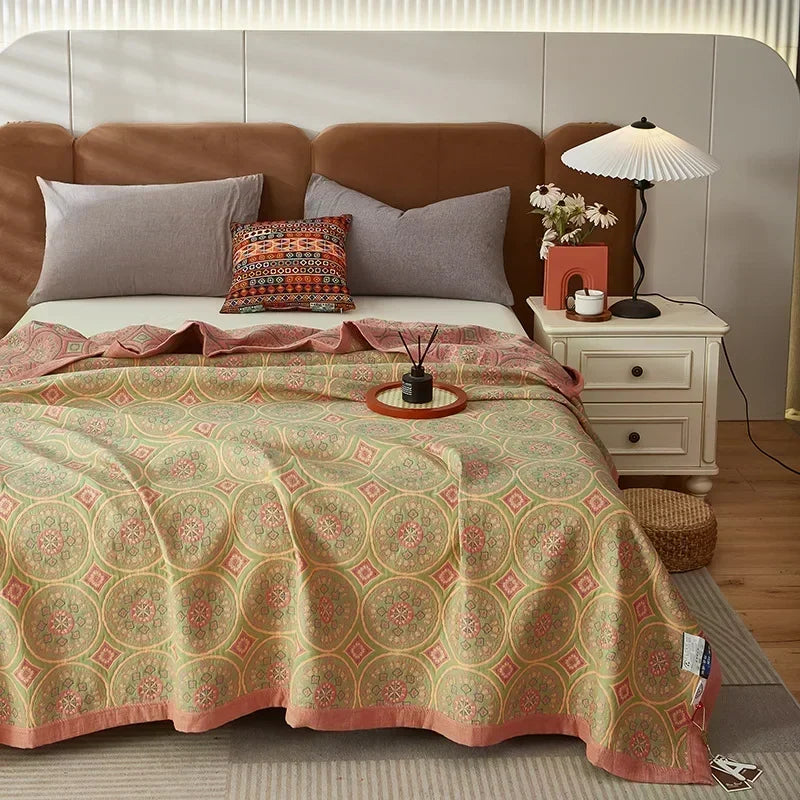 Stylish Geometric Mandala Bedspread in Green, Pink & Yellow - King- & Queensize