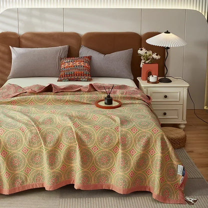 Stylish Geometric Mandala Bedspread in Green, Pink & Yellow - King- & Queensize