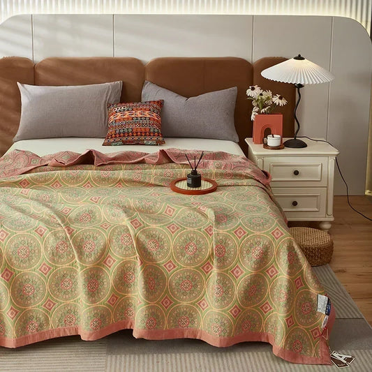 Stylish Geometric Mandala Bedspread in Green, Pink & Yellow - King- & Queensize