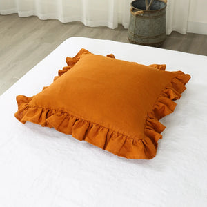 Orange 100% Pure Linen Ruffle Cushion Cover 