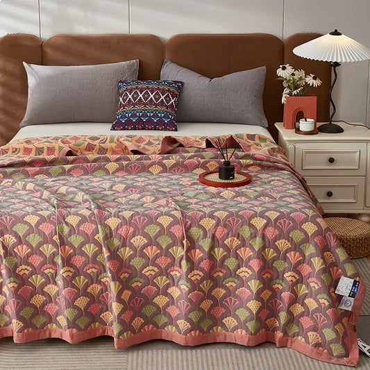 Stylish Geometric Peacock Pattern Bedspread in Purple, Pink, Yellow & Green