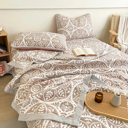 Nordic Floral & Leaf Cotton Bedspreads in Earthy Pastel Colors - King & Queensize