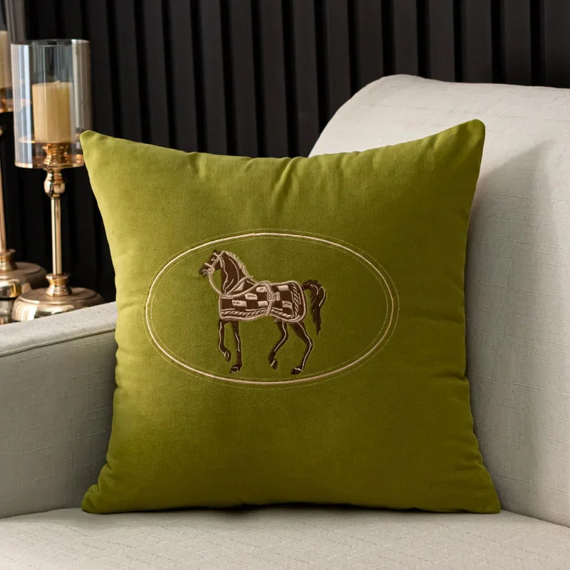 Soft Olive Cushion Covers With Brown Horse Embroidered on the Front 18in x 18in