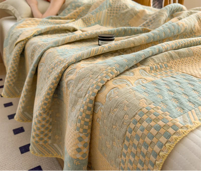 Modern Vintage Cotton Patchwork Bespread in Green & Yellow With Embroidered Edges