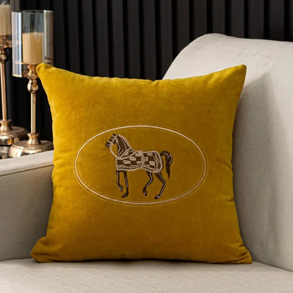 Soft Yellow Cushion Covers With Brown Horse Embroidered on the Front 18in x 18in