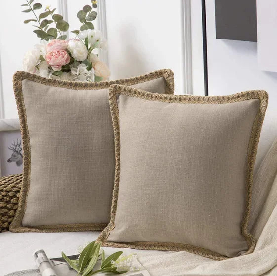 Beige Nordic Countryhouse Cushion Covers with Jute Decorated Edging