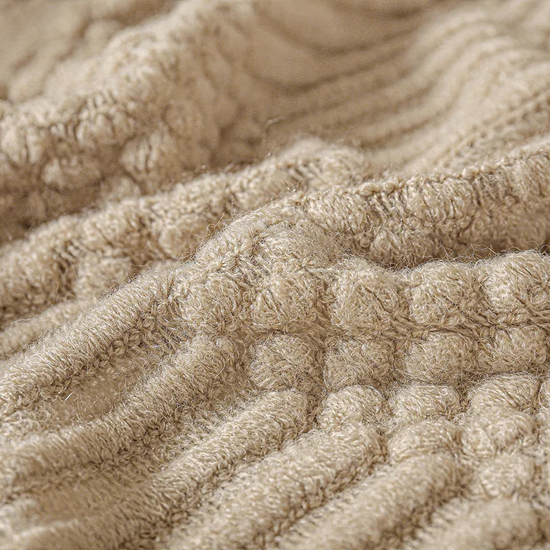 Beige Knitted Blanket / Sofa Throw with Modern Pattern, Texture and Tassels