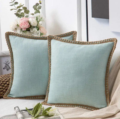 Mint Green Nordic Countryhouse Cushion Covers with Jute Decorated Edging