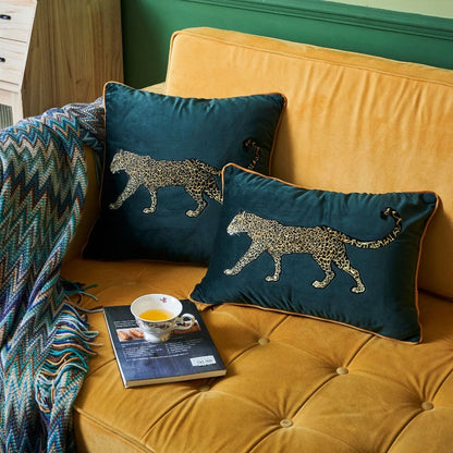 Stylish Leopard Embroidered Velvet Cushion Covers With Piping