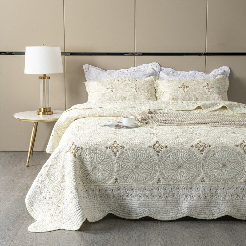 Premium Cream & Gold Embroidered Bedspreads Set - 3 Pieces