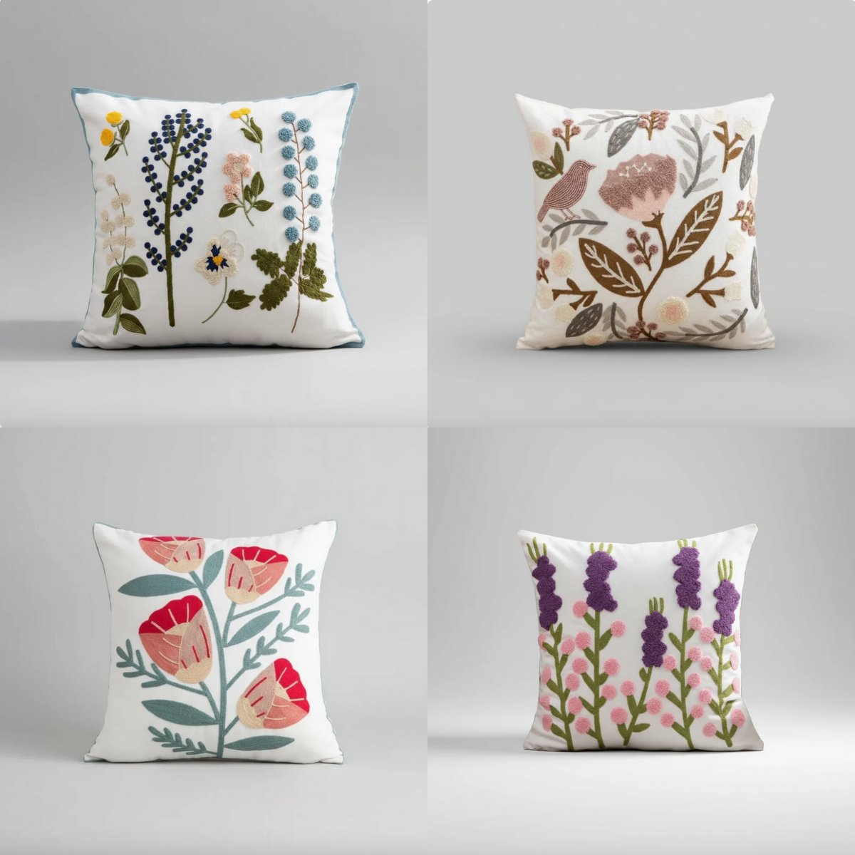 Wild Flower Embroidered Cushion Covers on Off-White Jacquard Canvas