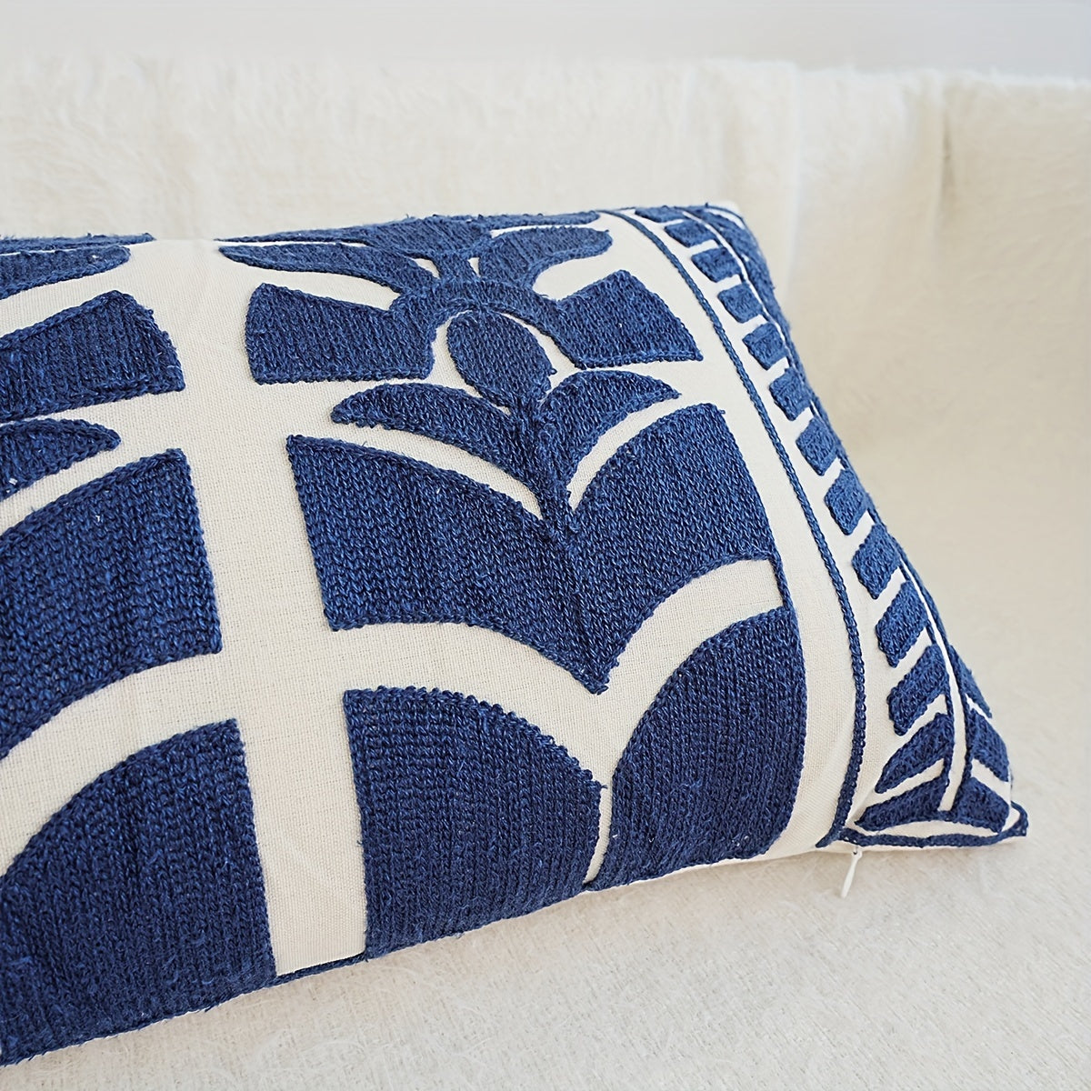 Cream & Navy Geometric Embroidered Cushion Covers - 3 Sizes