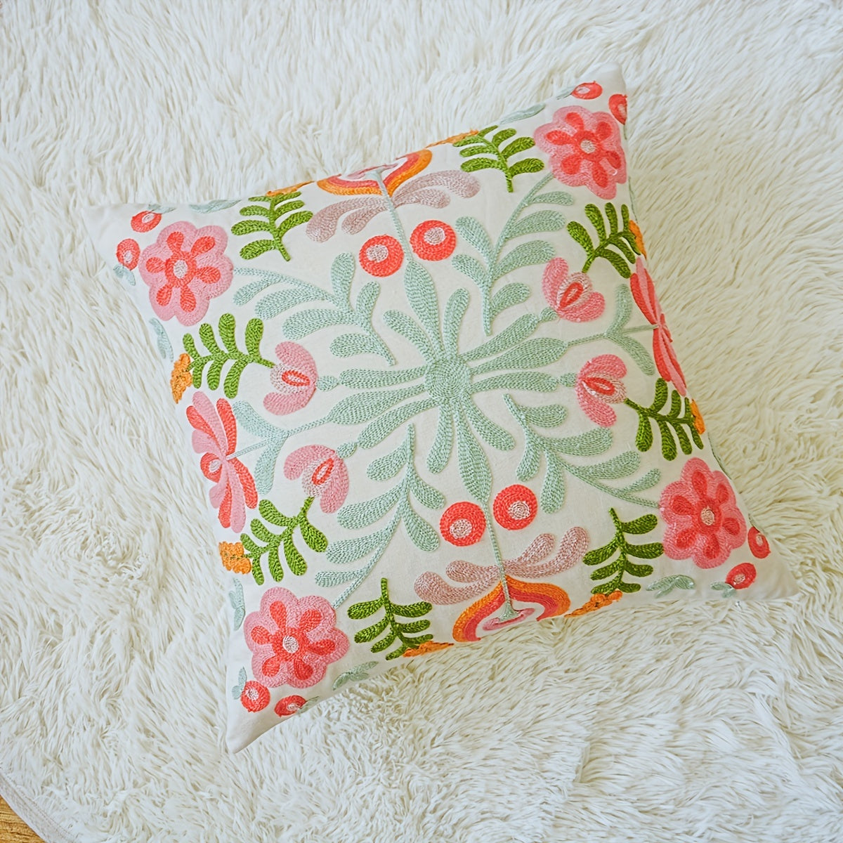 Embroidered Green & Pink Boho Floral Cushion Covers 18in x 18in