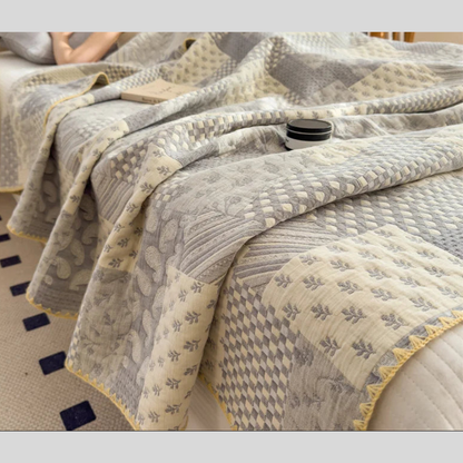 Modern Vintage Cotton Patchwork Bespread in Cream & Gray With Embroidered Edges
