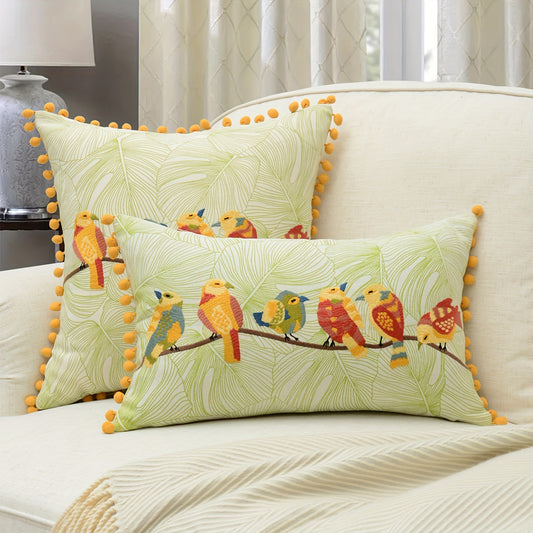 Colourful Birds Embroidered Cushion Cover with Pom-Poms