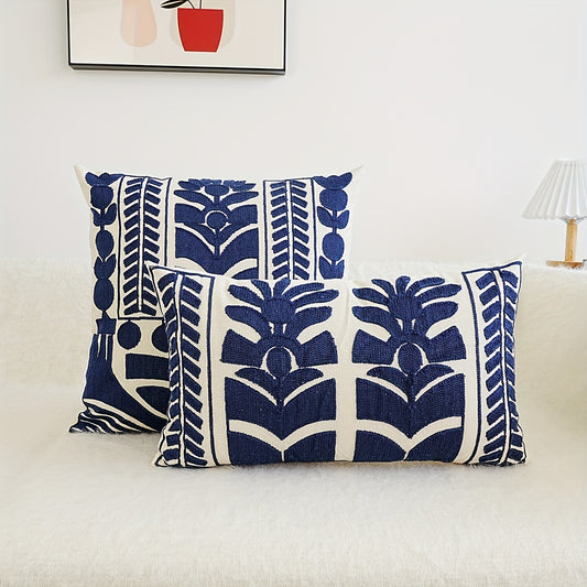 Cream & Navy Geometric Embroidered Cushion Covers - 3 Sizes