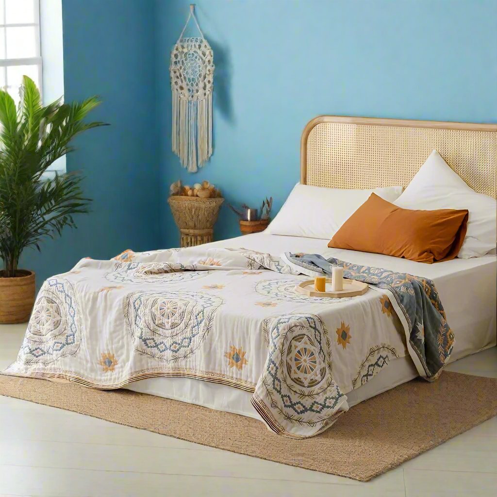 100% Cotton White Bohemian Mandala Bedspread Kingsize & Single