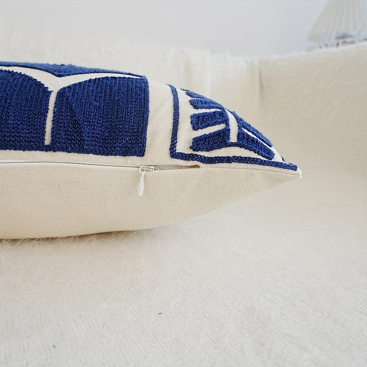 Cream & Navy Geometric Embroidered Cushion Covers - 3 Sizes