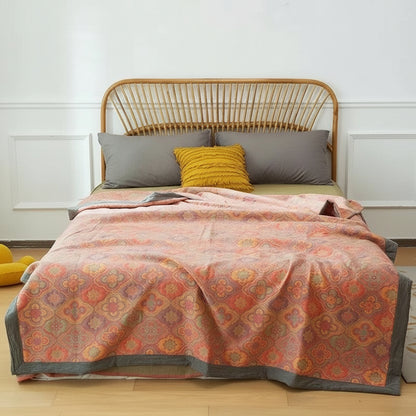 Stylish Geometric Floral Bedspread in Various Shades of Orange, Green & Purple