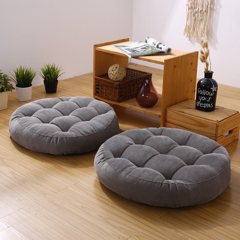 Grey Cool Round Plain Colour Cotton Blend Floor Poufs 