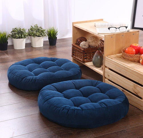 Blue Cool Round Plain Colour Cotton Blend Floor Poufs 