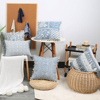 Boho White & Blue Vintage Style Cushion Covers With Tassles