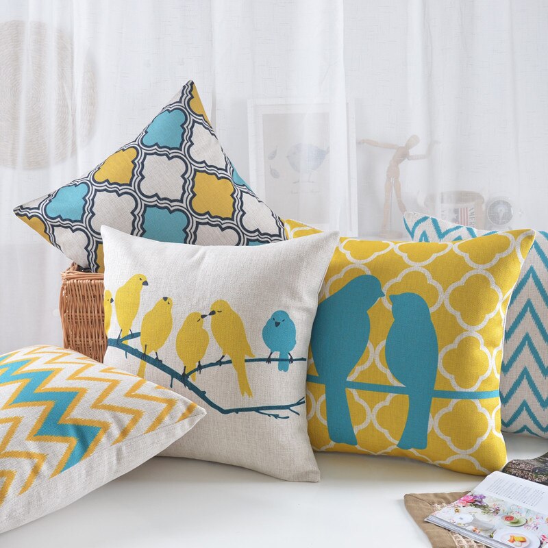 Scandi Cushion Covers With Cute Yellow & Turquoise Birds