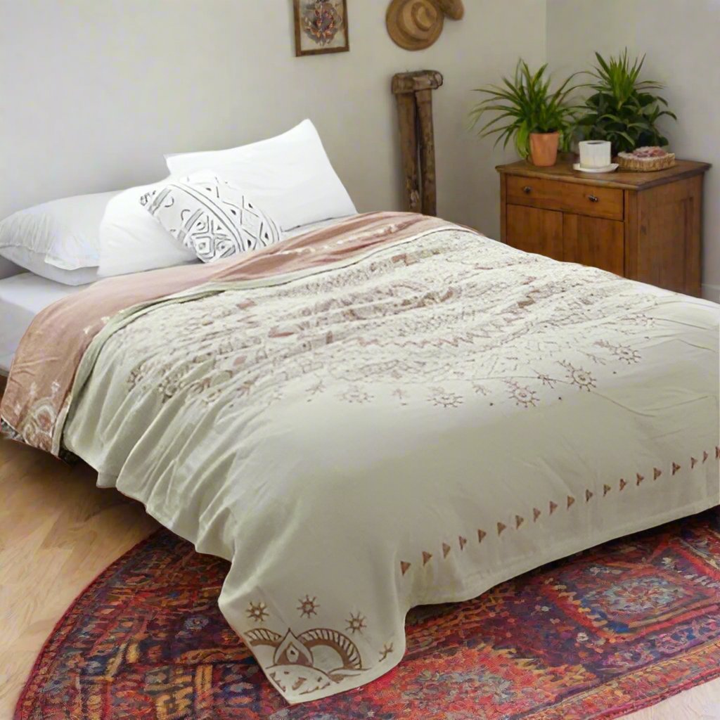 Boho Offwhite & Grey (or Red) Mandala Bedspread King & Queensize