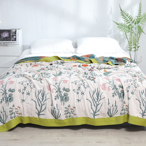 White Floral Cotton Bedspread With Pretty Pink Wild Flowers