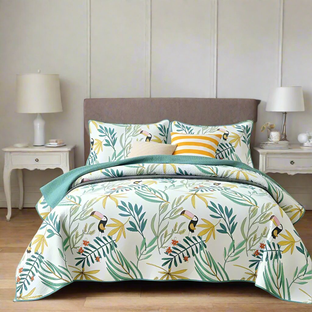 Stylish White Cotton Bedspread with Toucan Birdprints - 3 Piece Set