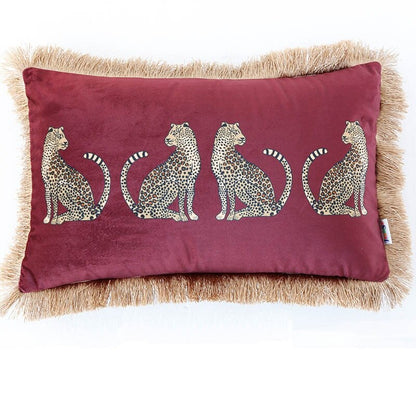 Burgundy Stylish Leopard Printed Velvet Cushion Covers With Tassles