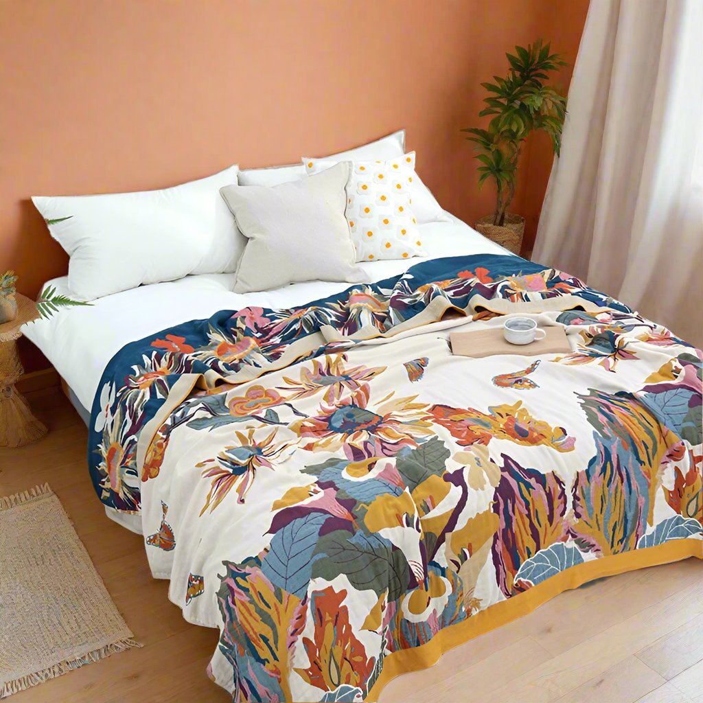 Gorgeous Cream Cotton Bedspread / Sofa Throw Cream With Autumn Leaves