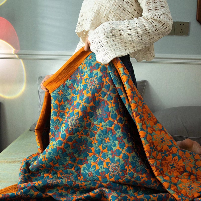 Blue and Orange Kingsize Nordic Ethnic Cotton Floral Bedspreads - 3 Designs & Sizes