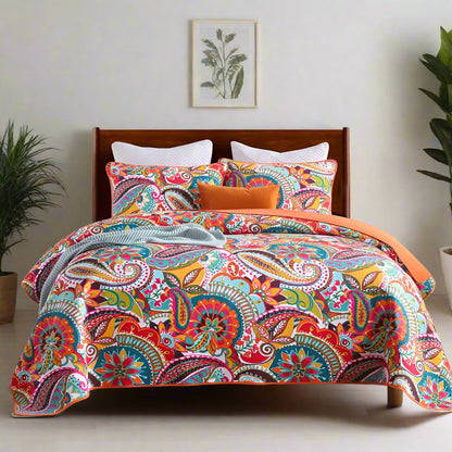 Colourful Quilted Paisley Cotton Bedspread - 3 Piece Set