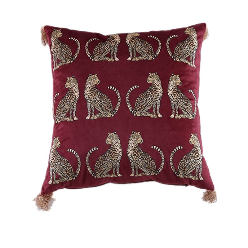 Burgundy Stylish Leopard Printed Velvet Cushion Covers With Tassles