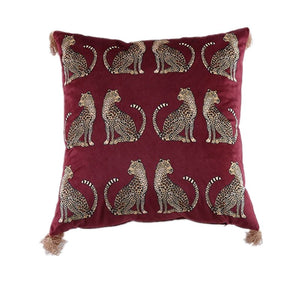 Burgundy Stylish Leopard Printed Velvet Cushion Covers With Tassles