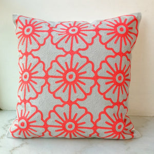 Embroidery Grey & Red Floral Cushion Cover 45cm x 45cm