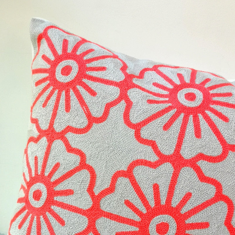 Embroidery Grey & Red Floral Cushion Cover 45cm x 45cm